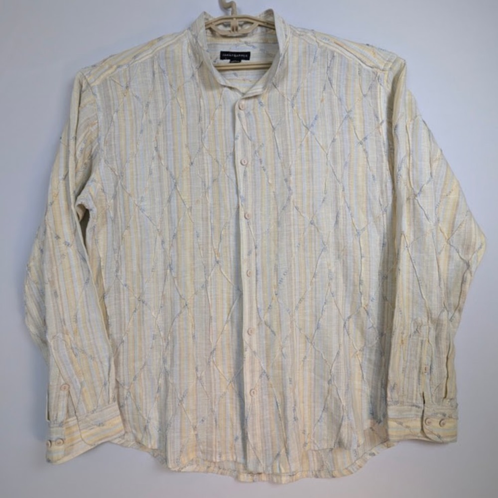 JHANE BARNES SHIRT Mens XXL Linen Ivory Stripe Embroidered Statement Piece EUC
